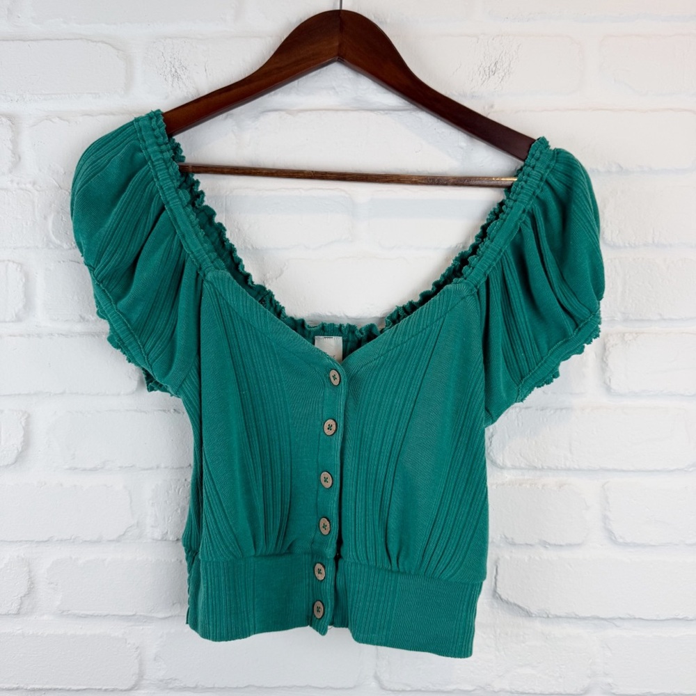We the Free People Brighter Days Green Button Front Puff Sleeve CropTop Medium